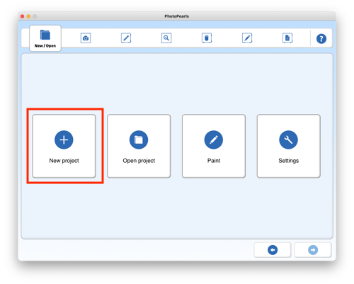 Screenshot of PhotoPearls software, New project