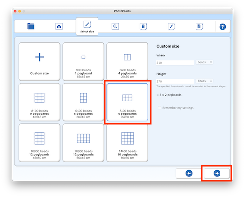 Screenshot of PhotoPearls software, select project size